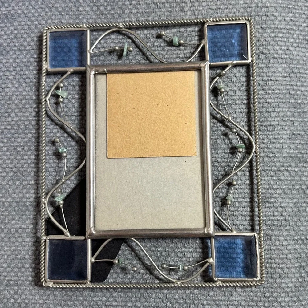 Connoisseur Stained Glass Picture Frames Set 2 White Scroll Blue Stone Bead Art